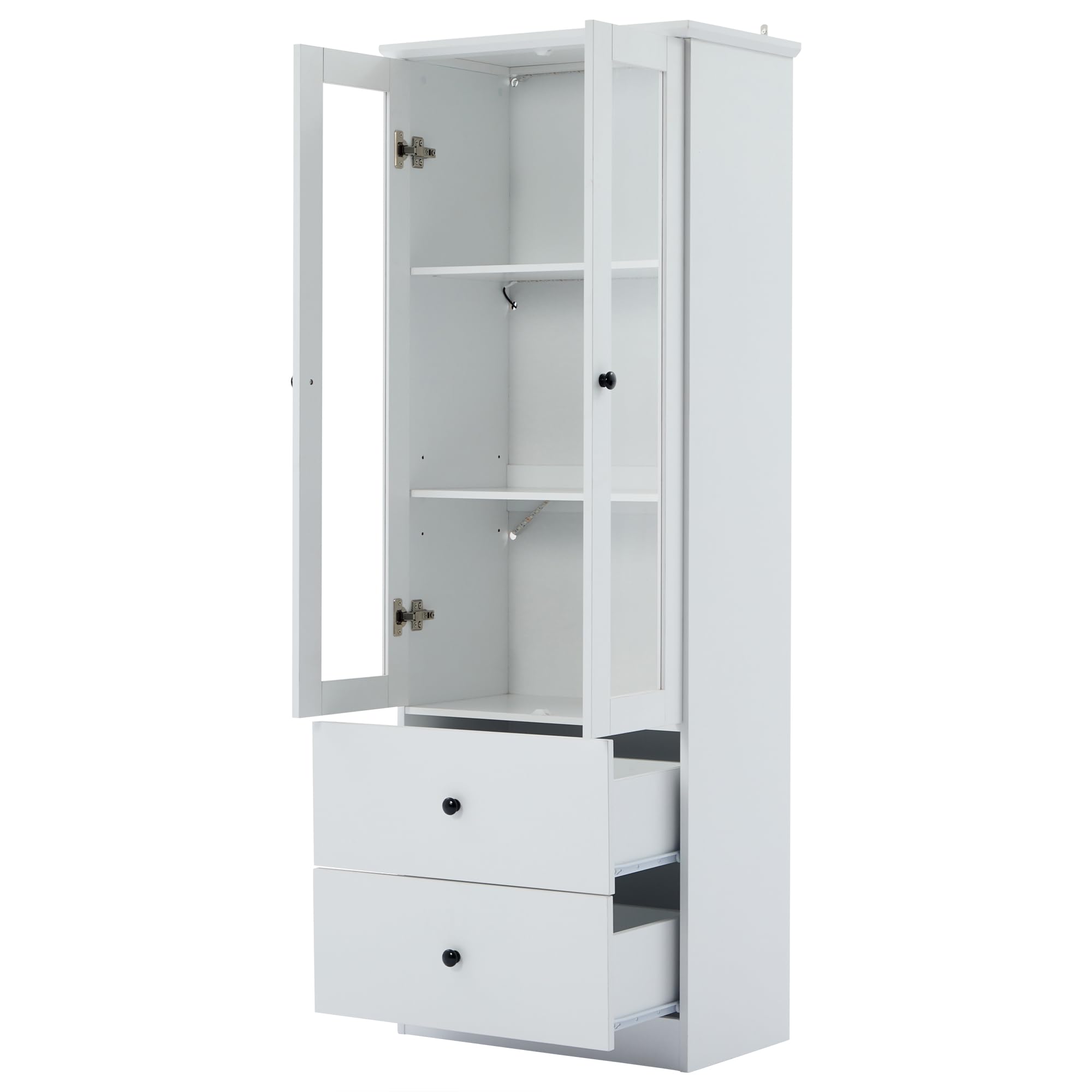 Moderna vitrina LED blanca mate de 165 cm de alto con puerto USB, mando a distancia de 16 colores, vitrina de cristal con 2 cajones, vitrina vertical con estantes ajustables, sala de estar