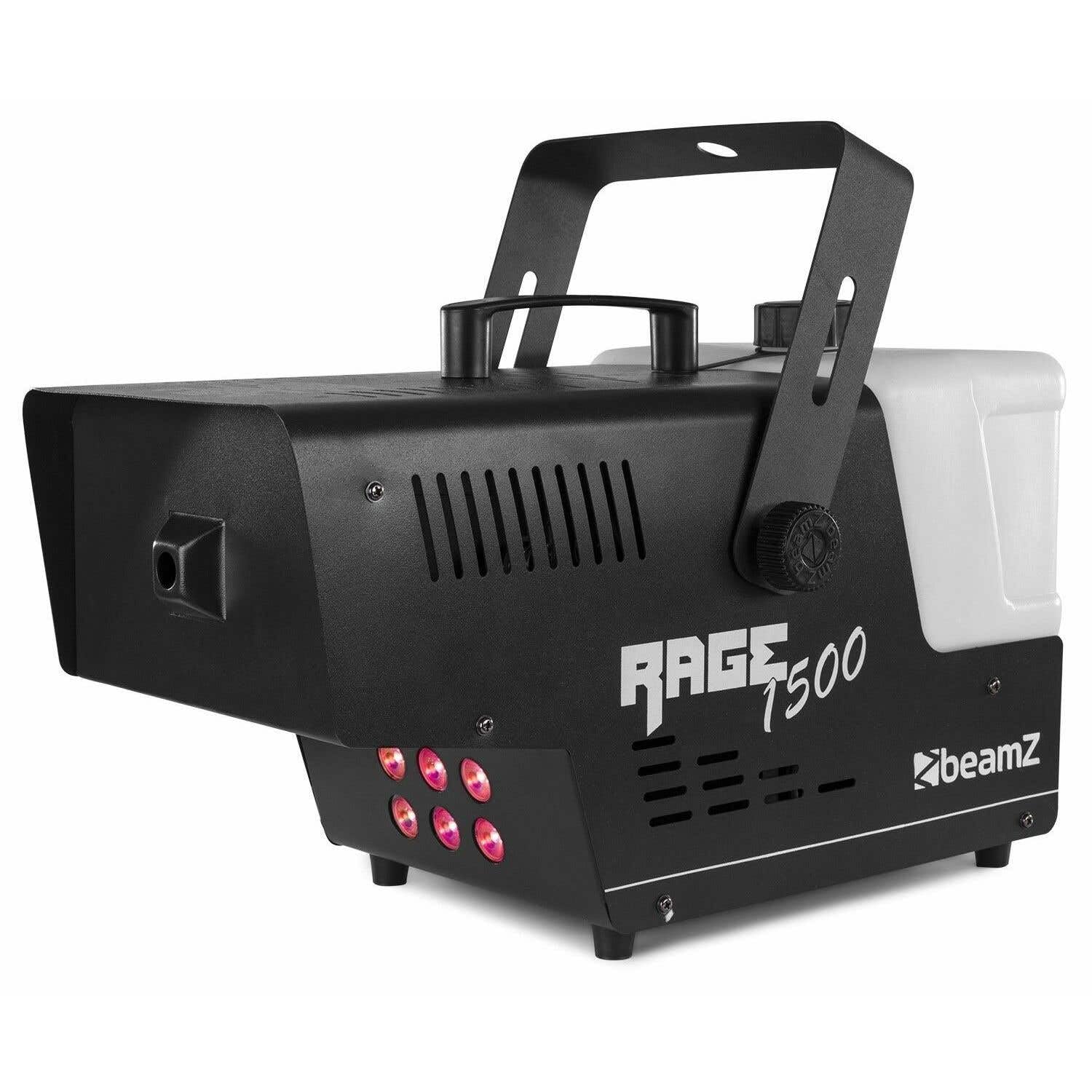 beamZ Rage 1500 - Macchina del Fumo LED, 1500 Watt, 6 x LED RGB 3-in-1 da 9W, Potenza Fumo: 350 m³/min, Serbatoio da 3,5 L con Illuminazione a LED, Comando DMX a 6 Canali, Controller con Timer, Nero