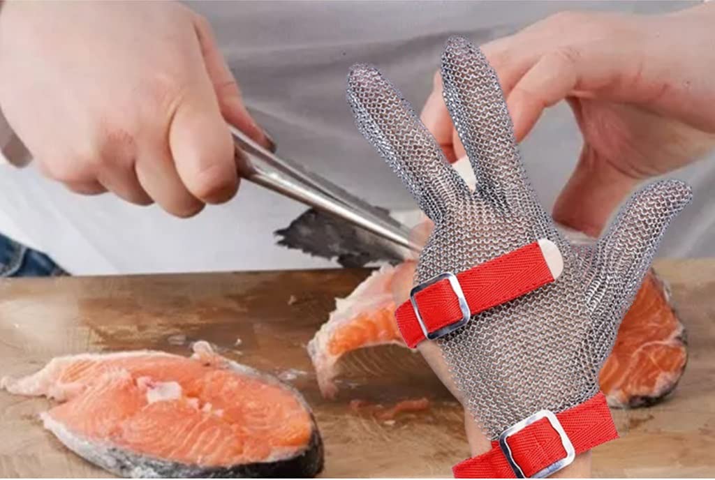 Guantes Resistentes al Corte de Acero Inoxidable de Tres Dedos, Guantes de carnicería de tamaño Ajustable, comunes for Manos a la Izquierda y Derecha (Size : 2pcs/M)