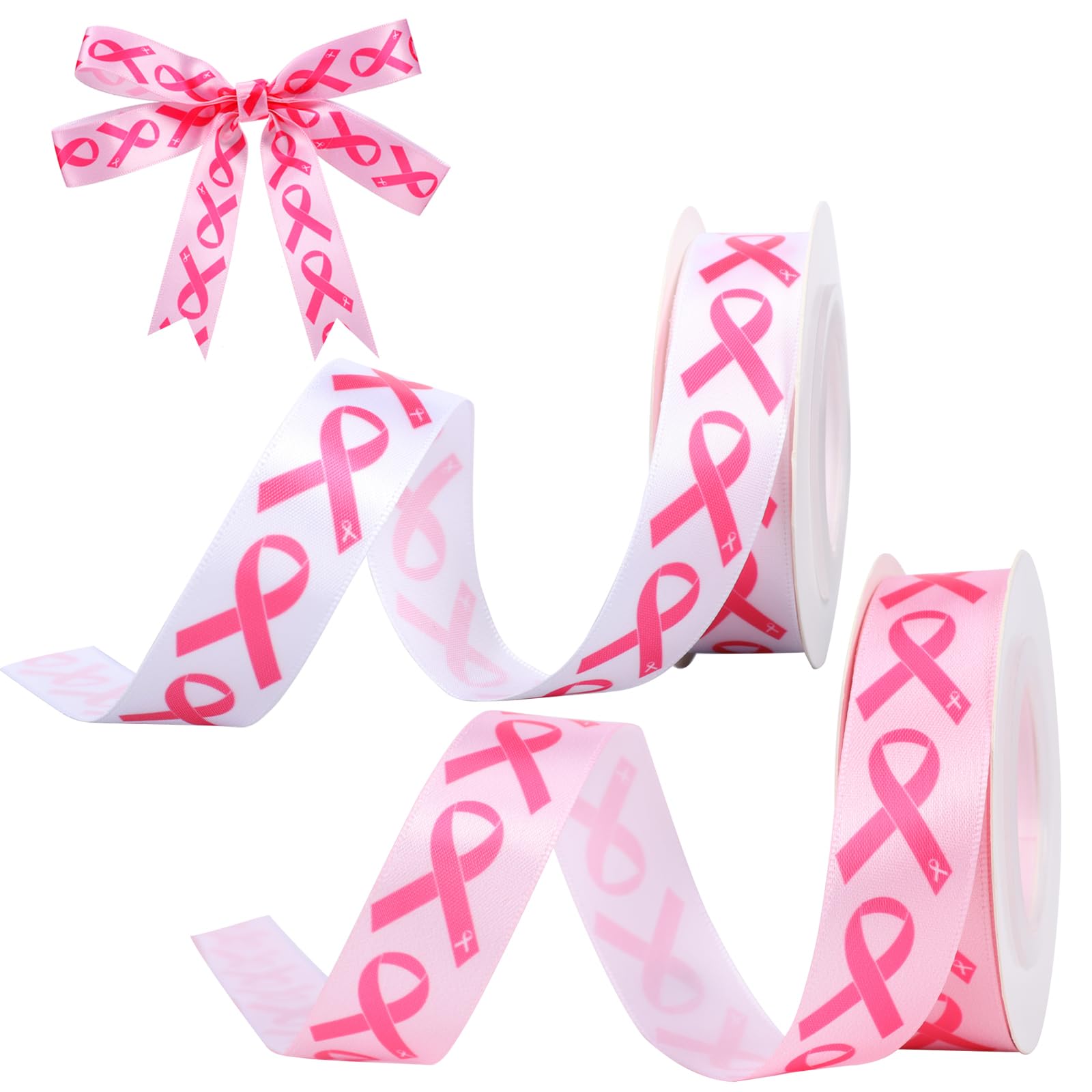 3/4" Pink Ribbons for Crafts Breast Cancer Awareness Silk Ribbon Single Face Pink Ribbon Design for Gift Wrapping Craft and Sewing Total 20 Yards