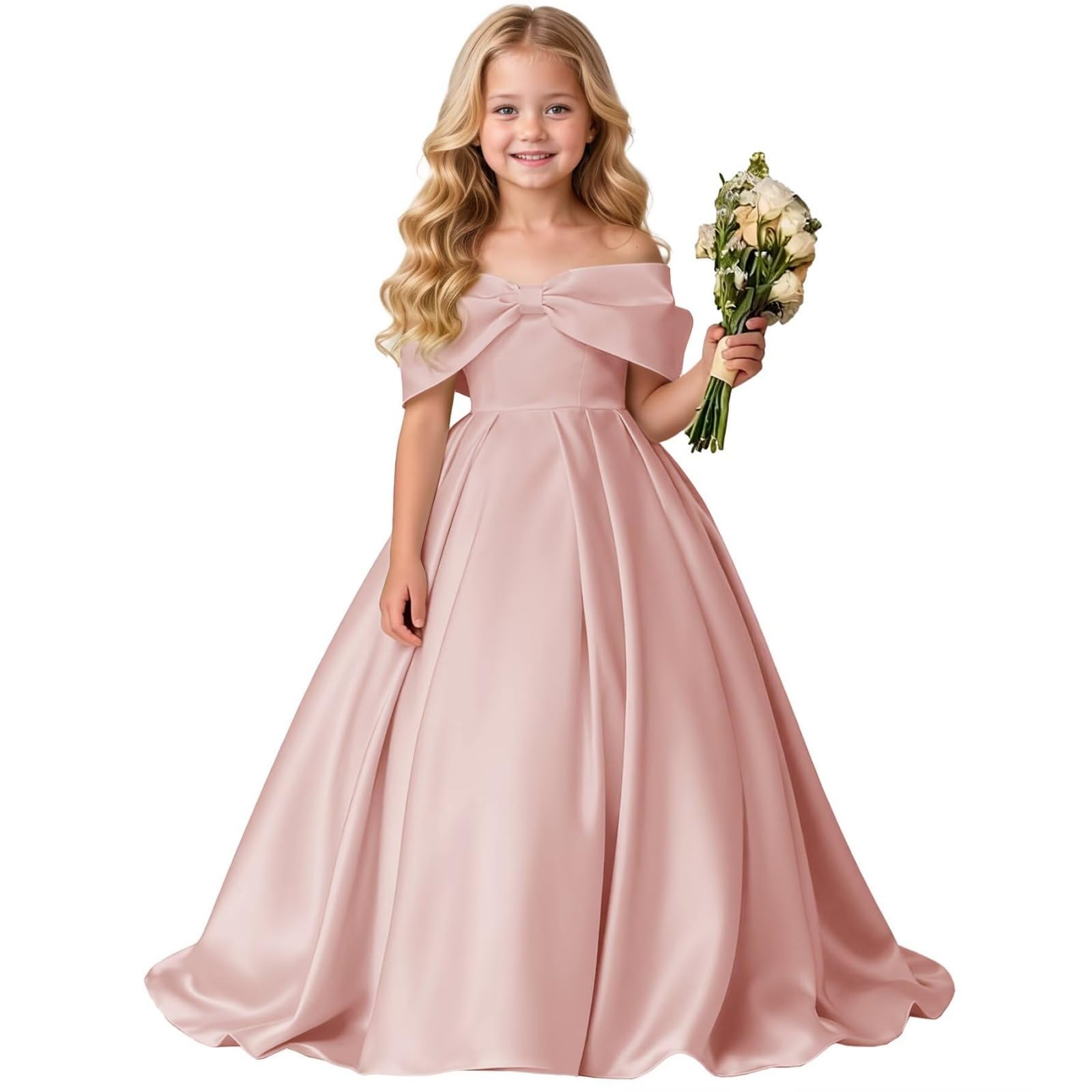 Vestido NiñA Elegantes, Vestido NiñA Ceremonia Lunares, Vestidos De Fiesta Largo hasta El Suelo Color Liso con Hombros Descubiertos Y Un Gran Lazo Mayores Dresses Summer Dress Dress Vestidos Verano