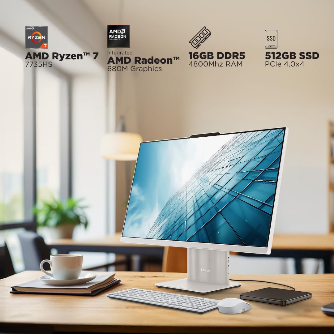 Lenovo Ideacentre AIO AMD Ryzen 7 7735HS 23.8" FHD IPS All-In-One Desktop(16GB RAM/512GB SSD/Win11/Microsoft 365 Basic + Office Home 2024/3Wx2 Speakers/5MP Camera/Wireless Keyboard & Mouse),F0HR008YIN 13 61992RZK2 L. SL1080
