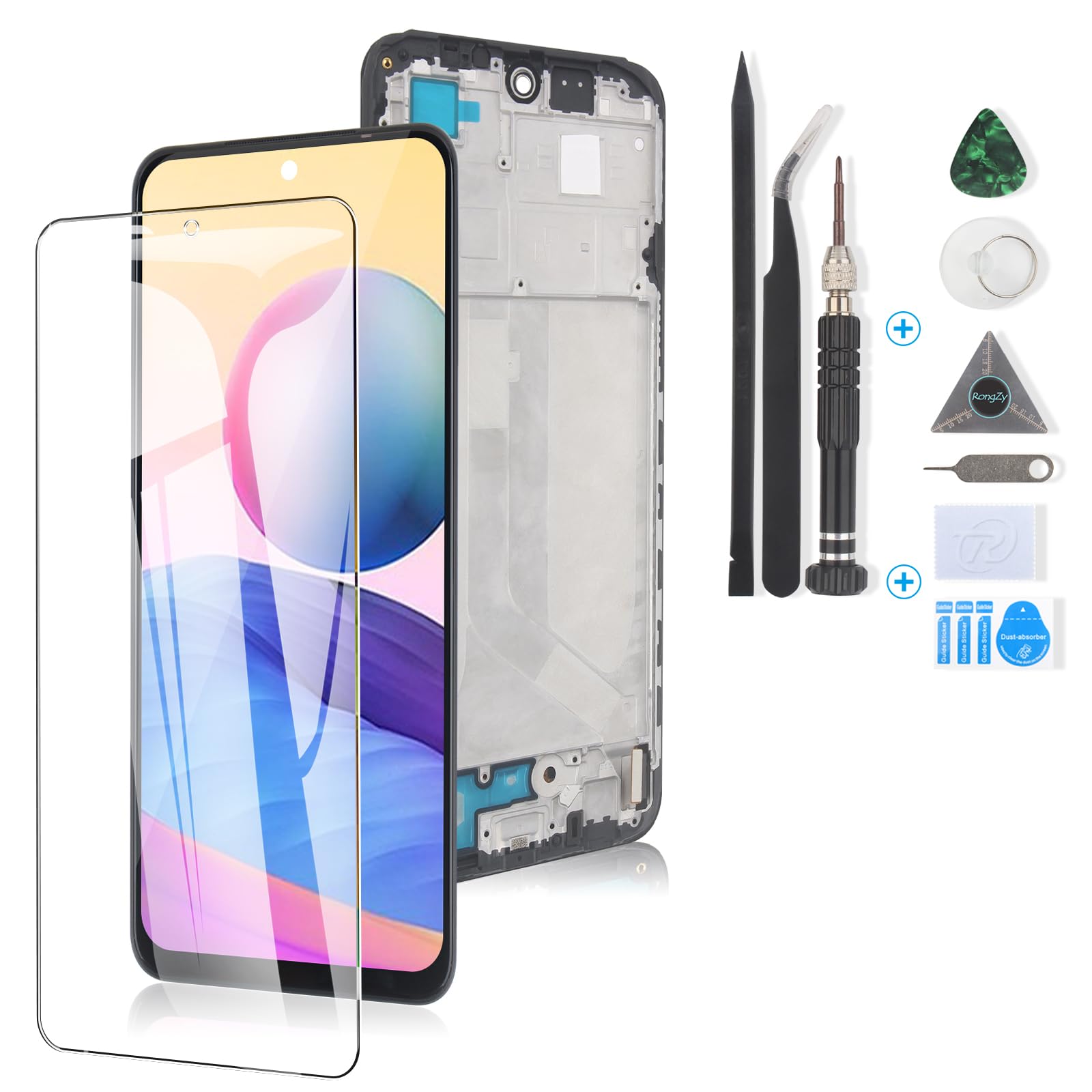 RongZy para Xiaomi Redmi Note 10/Note 10s 4G LCD+Pantalla Táctil Digitalizador Asamblea Reemplazo +Reparación Herramientas(Negro con Marco)