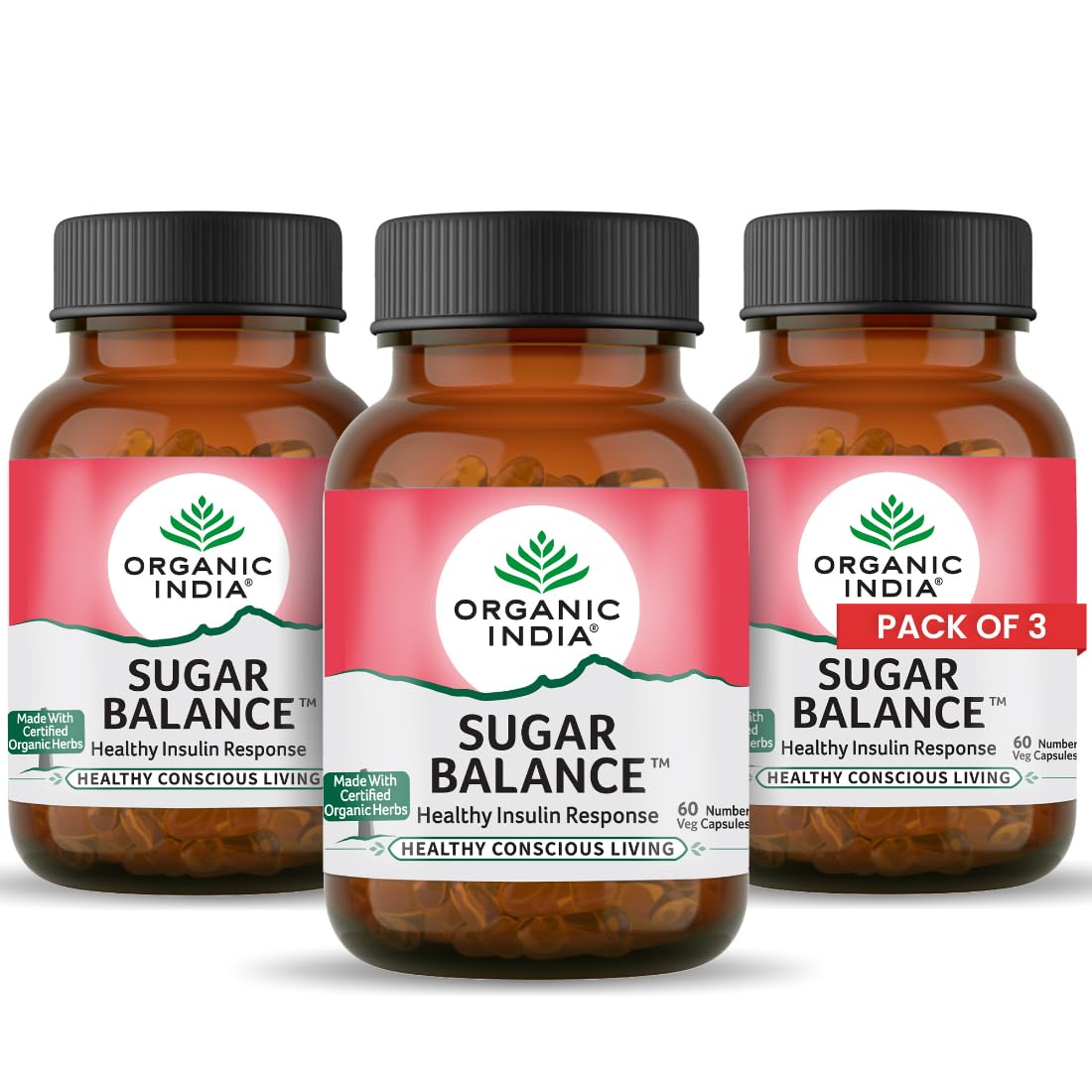 Organic India Sugar Balance 60 Veg Capsules Bottle- (Pack Of 3)