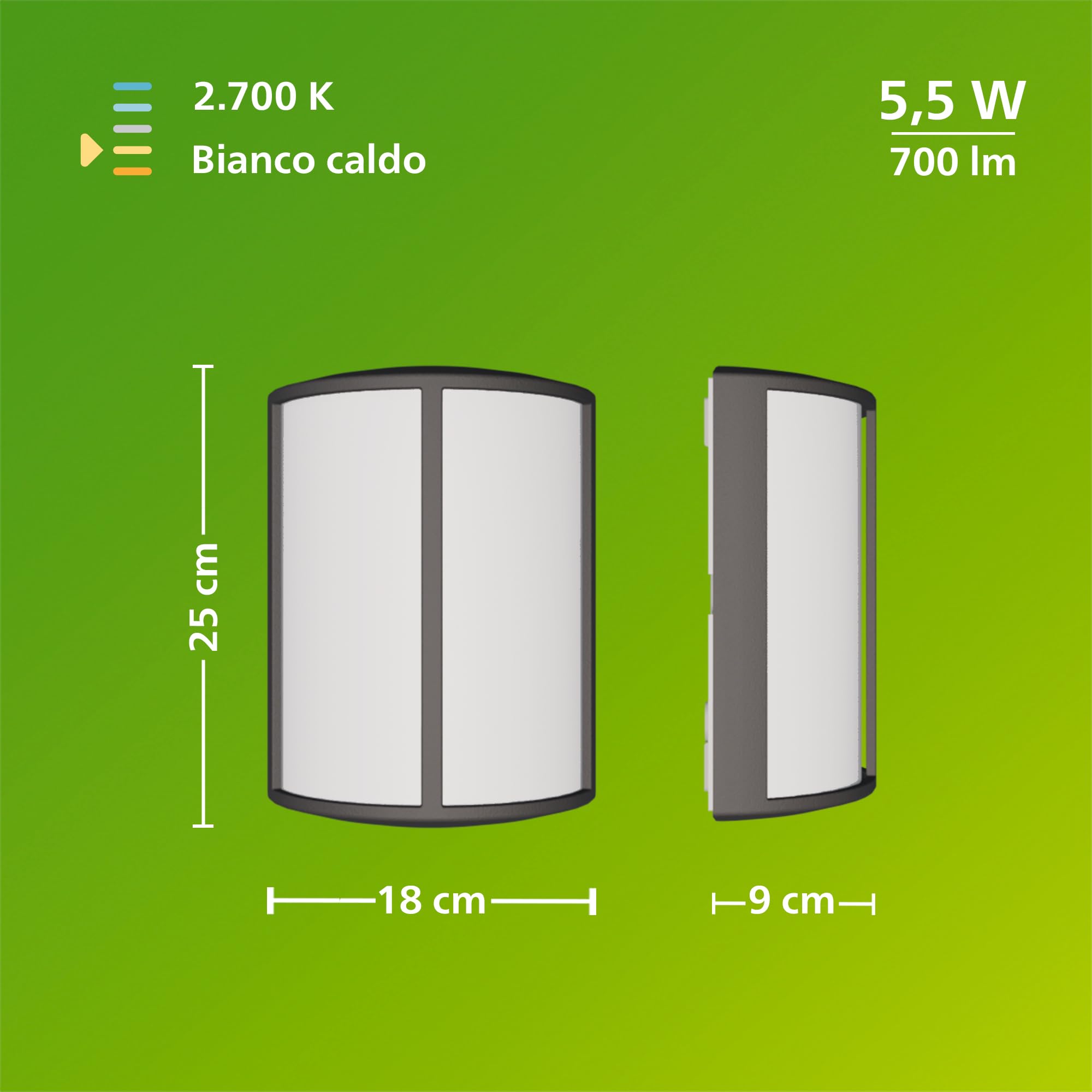 Philips Stock Applique LED, Lampada da Esterno, 5,5 W, 700 lm, Luce Bianca Calda 2.700 K, Resistente a Intemperie IP44, LED Integrato, Durevole, Alluminio, Grigio Antracite