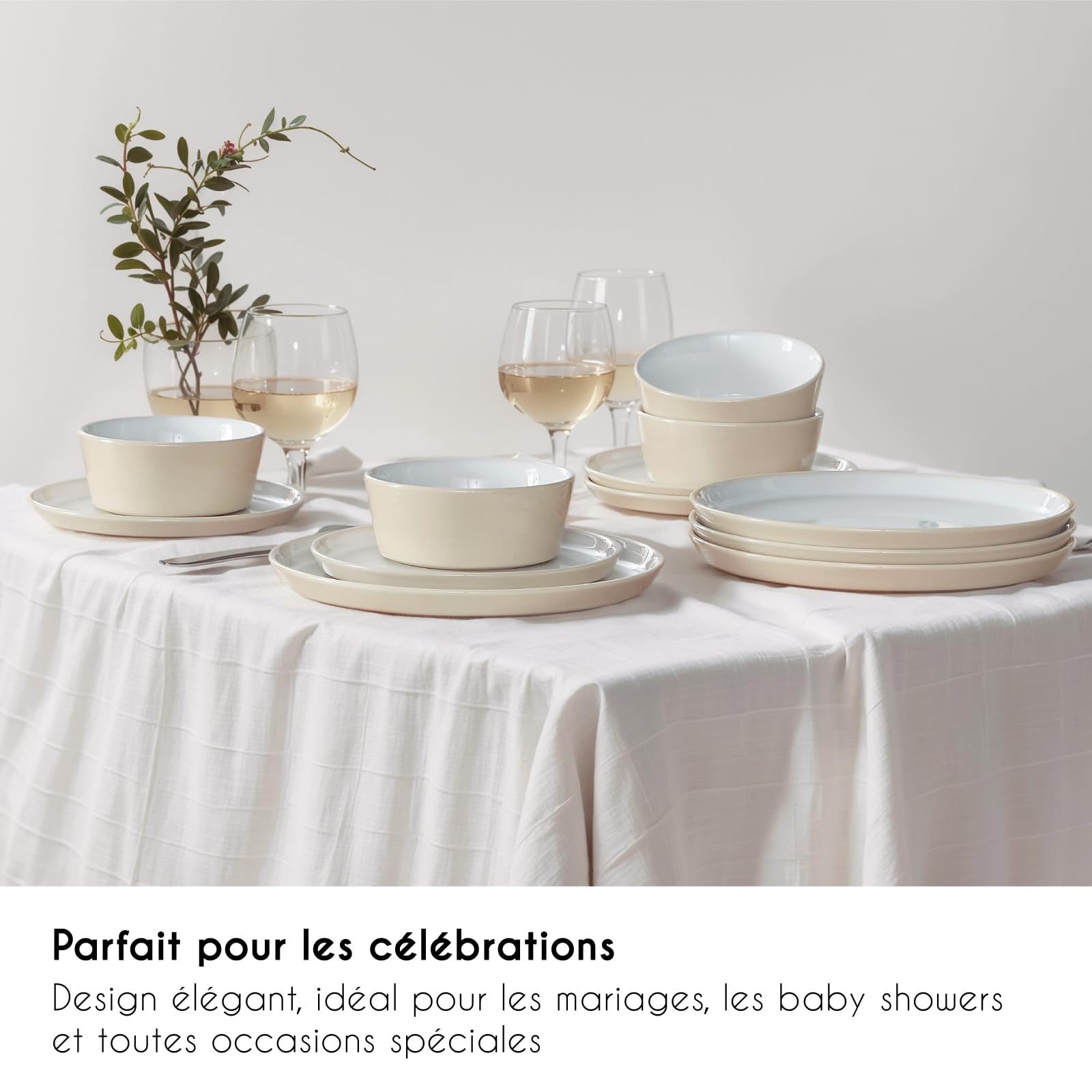 Service de Vaisselle 12 Pièces pour 4 Personnes | Ensemble Moderne en Porcelaine avec 4 Assiettes Plates, 4 Assiettes à Dessert et 4 Bols à Céréales | Design Rustique Style Ferme, Beige Clair
