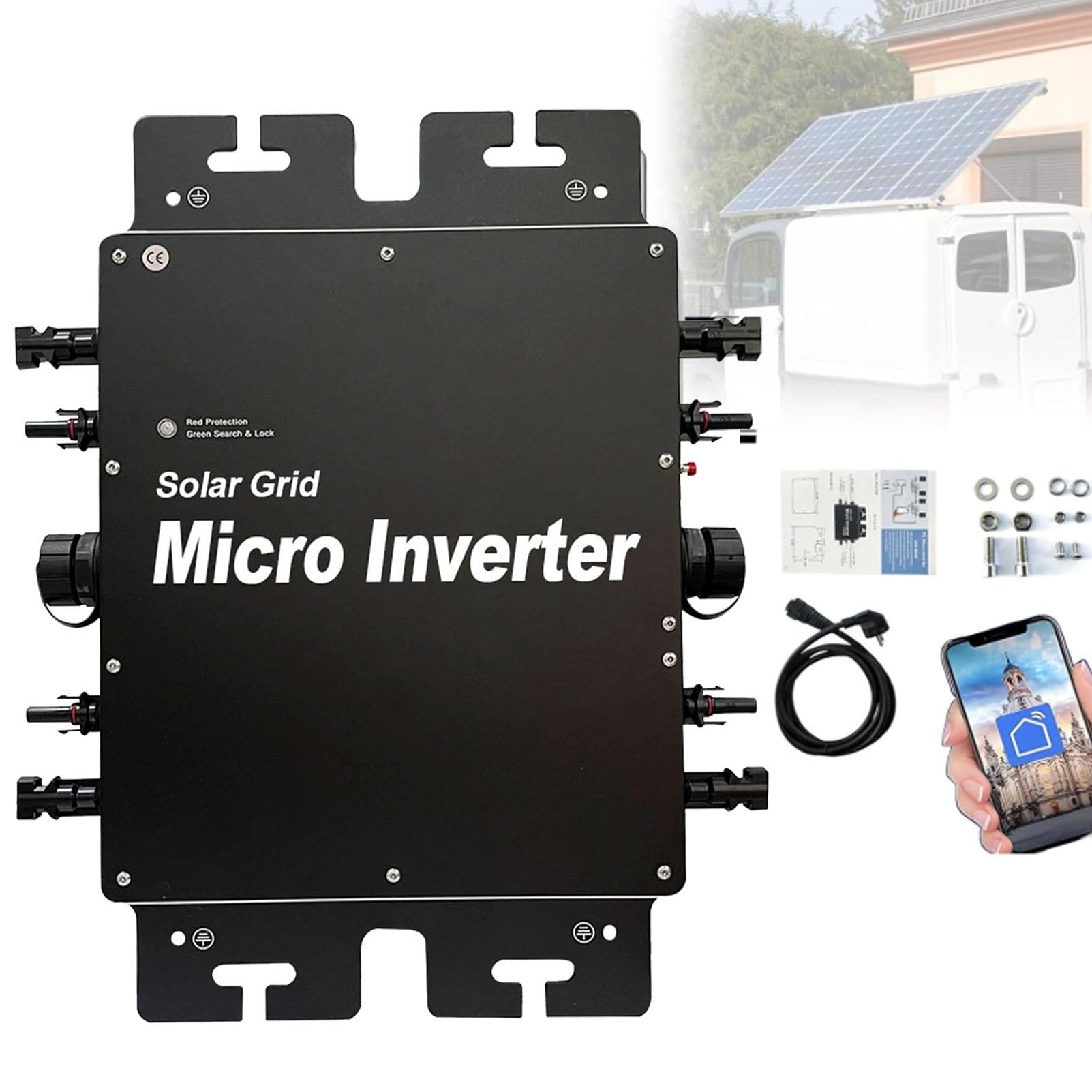 MPPT-Mikrowechselrichter, netzgekoppelter Solar-Mikrowechselrichter, WLAN-Steuerung, Selbstkühlung, wasserdicht (IP67), Aluminiumlegierung für Dach- und Außenmontage, Solarenergie Black-1800W