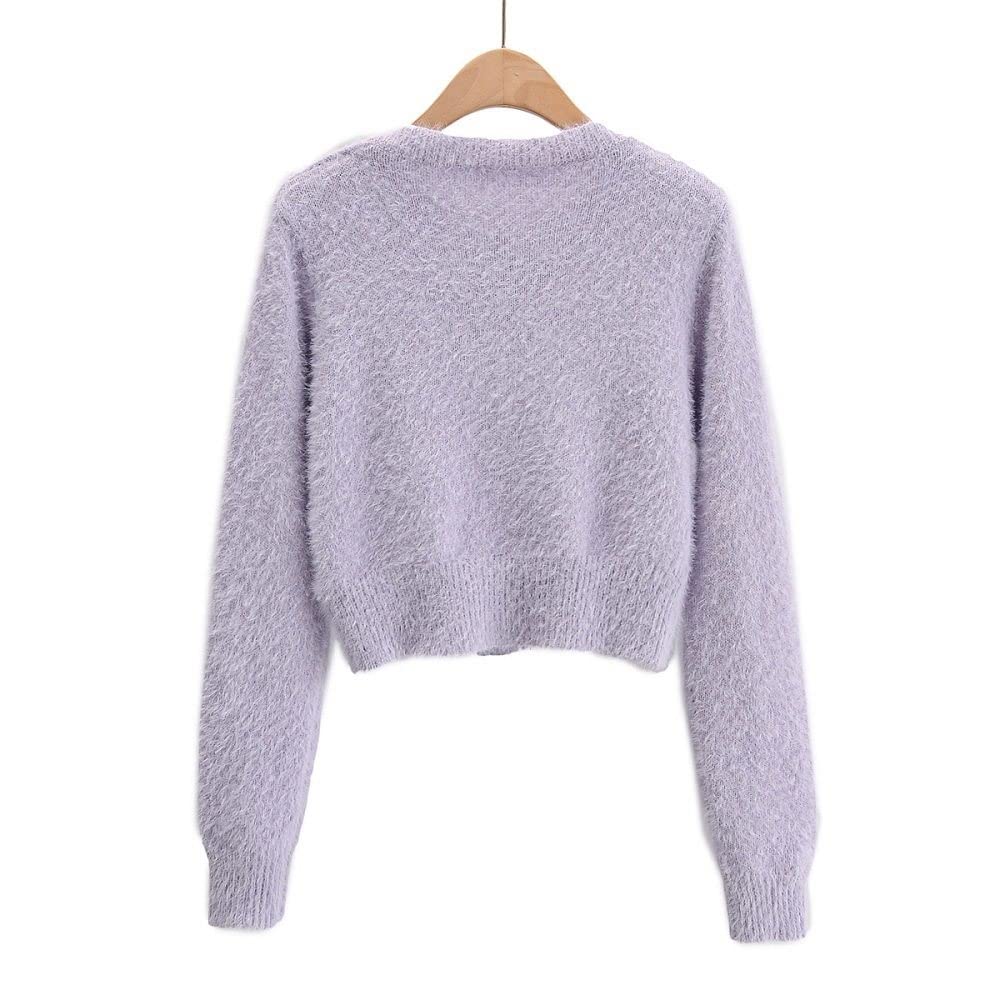 Damen Strick Cropped Cardigan Mohair Strick Cardigan Pullover Schlank Einfarbig Langarm Strick Oberbekleidung Top Button Down Vorne Offene Strickwaren