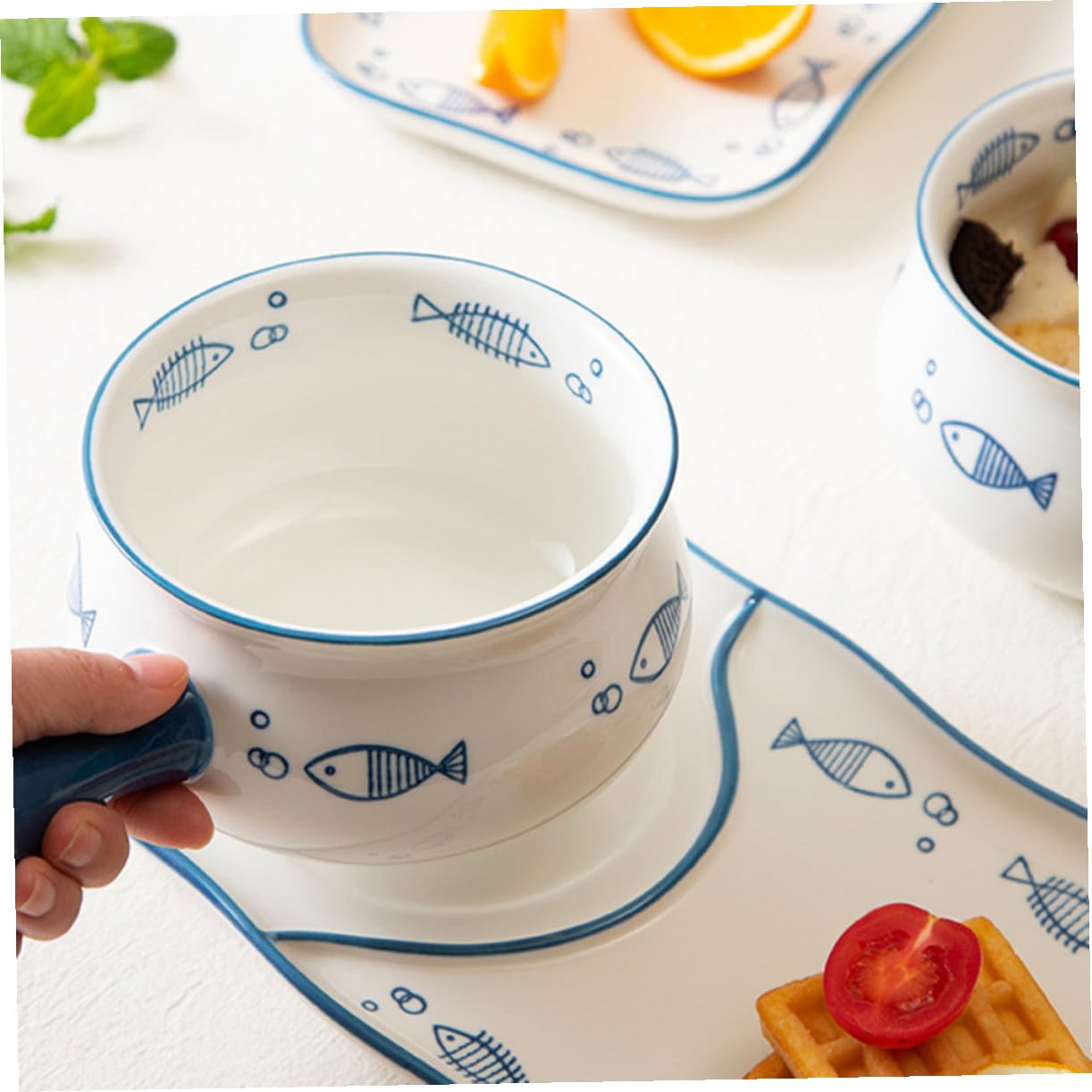 PRETYZOOM Plato Rectangular Diseño Elegante de Cerámica Patrón de Peces y Color Blanco, Adecuado para Desayuno, Ensalada y Cenas en Restaurante o Fiesta Personal