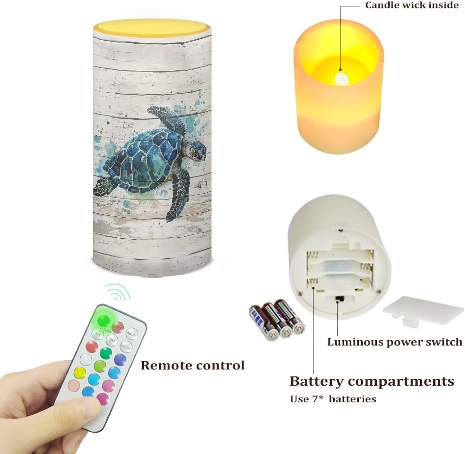 Poceacles Sea Turtle LED Flameless Candles Battery Operated with Remote Timer Realistic Electric Candle Pillar Lights Color Changing for Home Indoor Outdoor Decor, Sea Turtle White Wood Grain