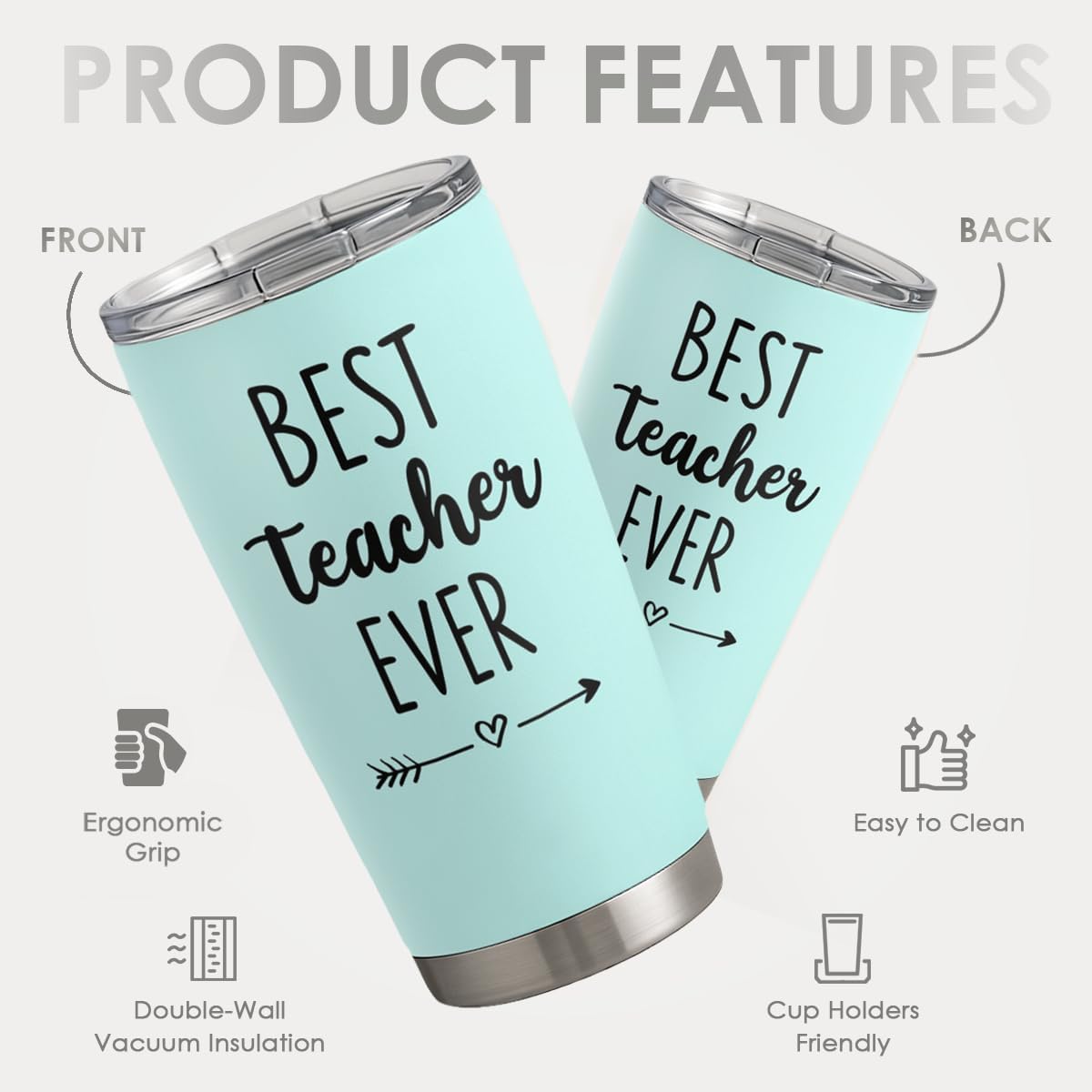 SANDJEST Teacher Tumbler - Best Teacher Ever Travel Coffee Mug Appreciation Gift for Teachers - 20oz Stainless Steel Tumblers Awesome Gifts for Birthday, Christmas, Graduation Day, Back To School image 2