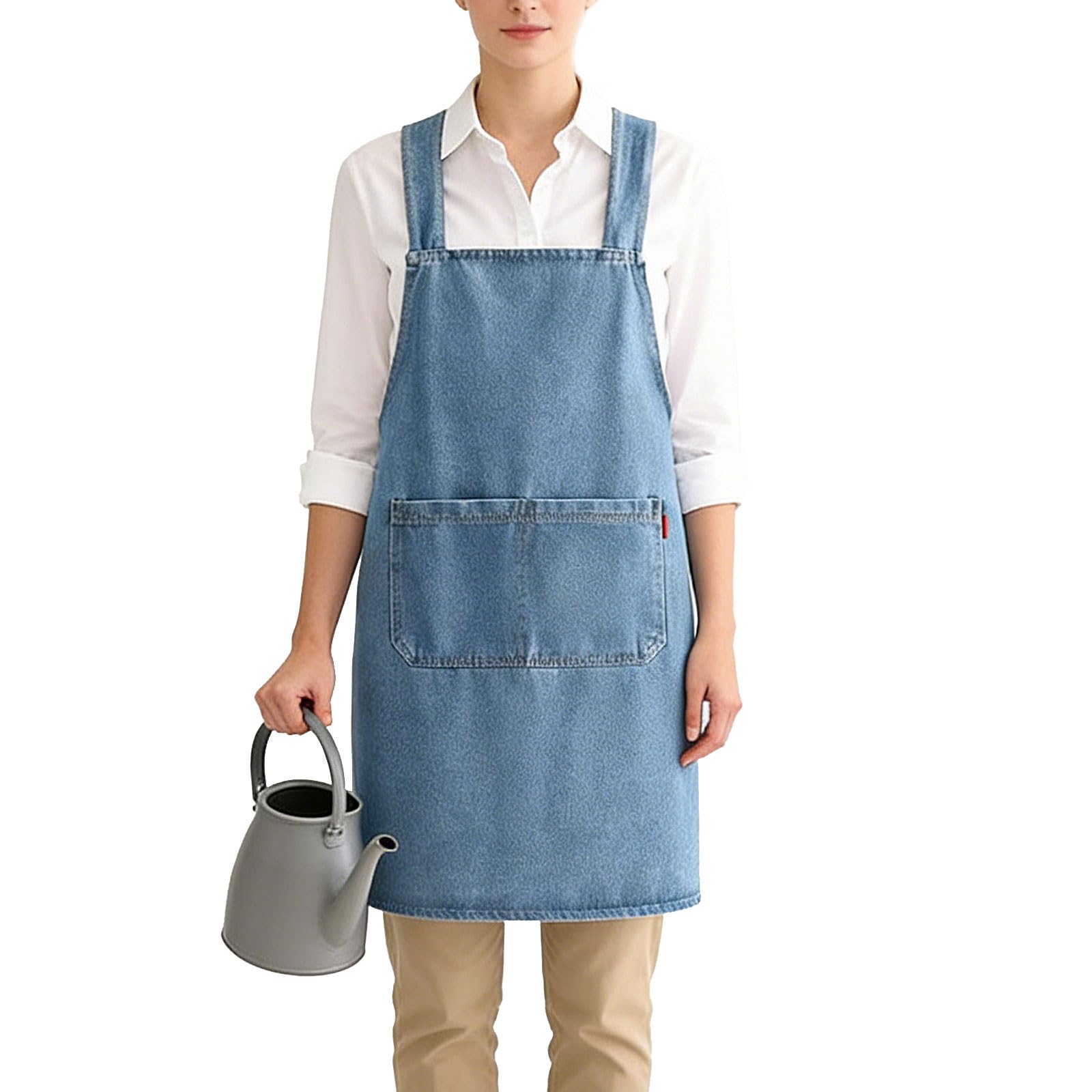 ZUIMEIHQH Denim Apron, Blue Cross Back Ladies Cooking Apron with Pockets, Personalised Adult Apron for Gardening Cooking Kitchens (Light Blue)