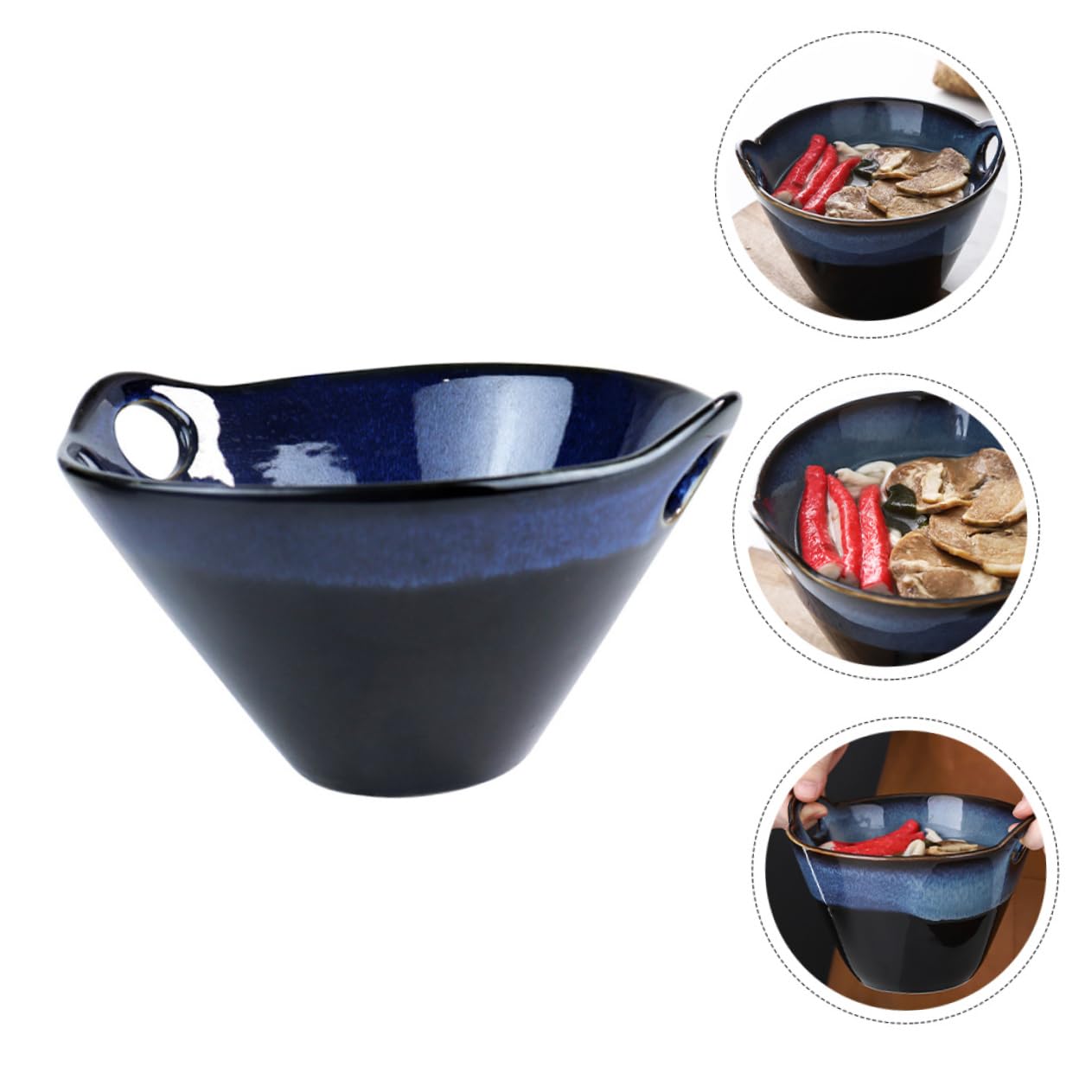 LABRIMP Tazón de Cerámica para Ramen de Doble Asa, Diseño Creativo | Color Navy, Curva Decorativa del Cuenco, Apertura Amplia, Hecho a Mano y Fácil de Limpiar
