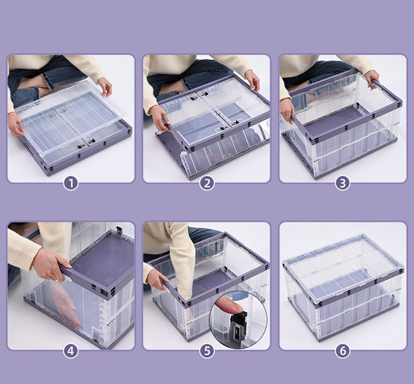 TUKA-i-AKUT 3x Faltbare Aufbewahrungsboxen mit Deckel, Stapelbar Faltbar, Stabile Stapelkisten mit Handgriff, Stapelbehälter Organizer Faltboxen Stapelboxen Durchsichtig, 3x 55L in 3 Farben TKD8640