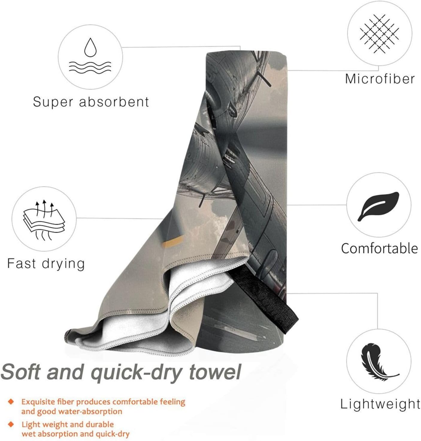 World War 2 Aircraft Airplane Printed Microfiber Quick Dry Towel 31.5x16in, Lightweight & Compact with PVC Pouch & Carabiner - for Beach, Camping, Gym, Travel & Home Use