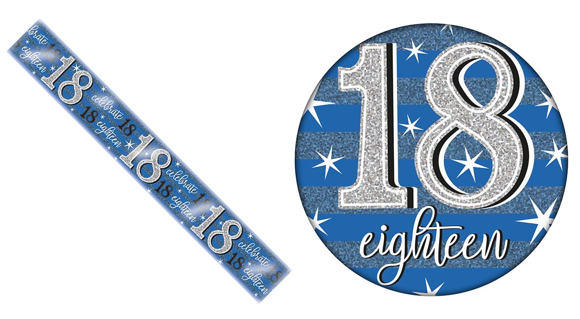 Age 18 Blue And Silver Holographic Shiny 18th Birthday Party Kit Set (Banner And Giant Badge)