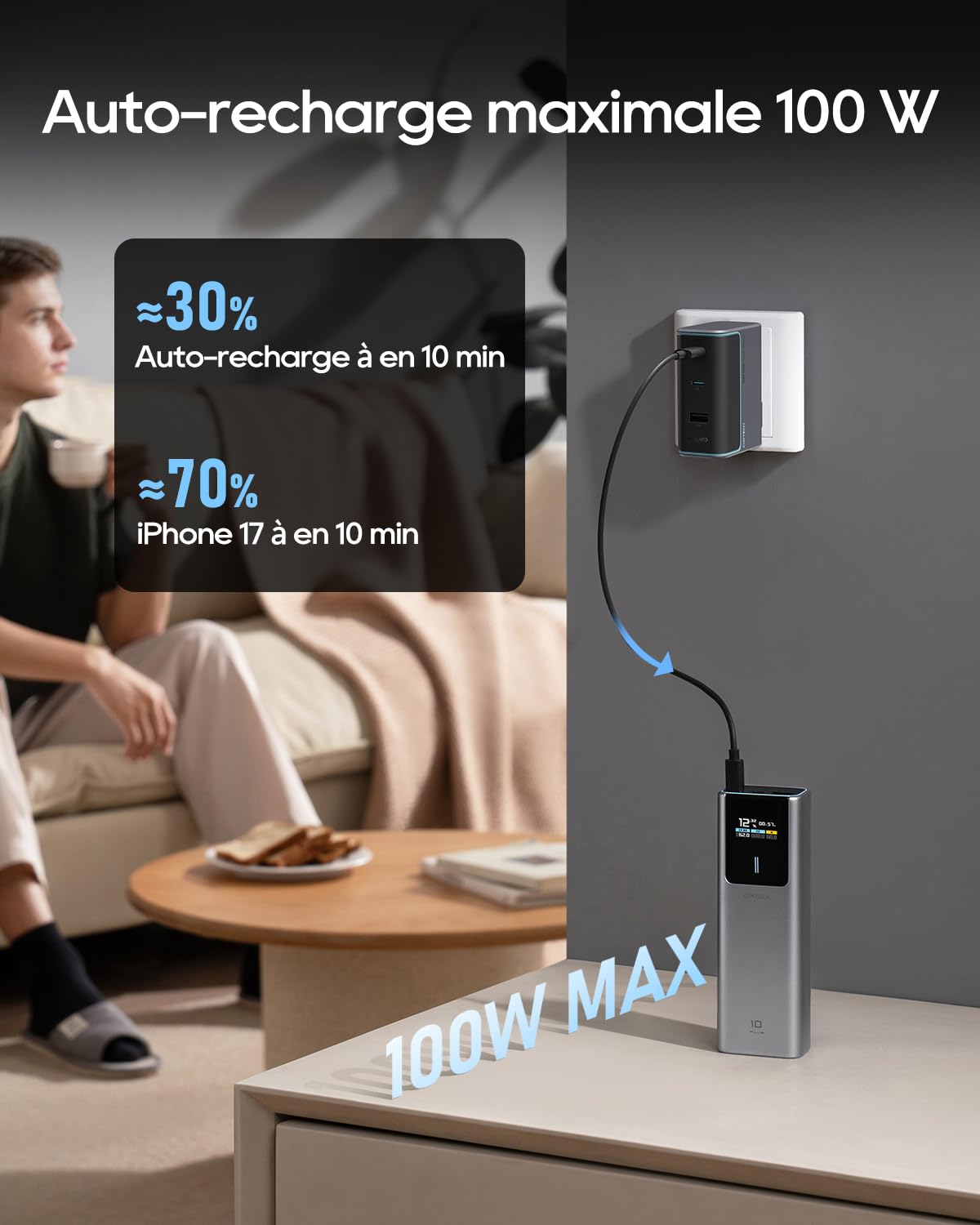 CUKTECH 10 Plus 100W 15000mAh Batterie Externe avec ÉcranTFT, Certifiée CCC