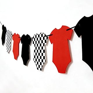 Firefairy Race Car Baby Shower Decorations - Checkered Bodysuit Baby Shower Banner, A Little Racer is on the Way Baby Shower Decor, Black and White Check Flag Decor (PRE-STRUNG)