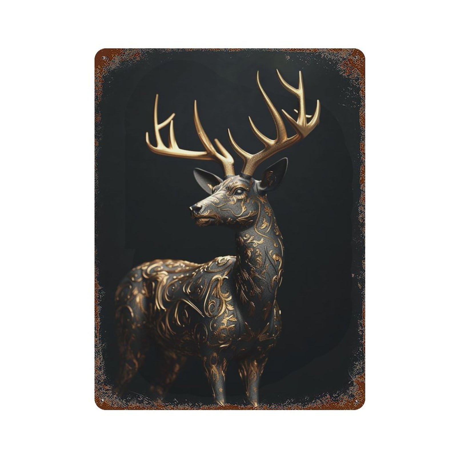 Distressed Metal Wall Sign Black And Gold Deer 15.7"x11.8", Vintage Wall Decor for Garage, Bar And Workshop Decor
