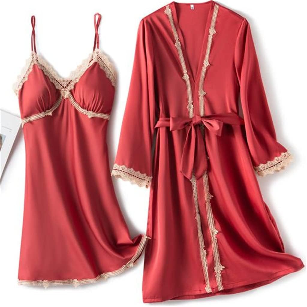 JSEIAJB Robe Gown Satin 2 Pieces Bathrobe&Chemise Sleepwear Lace Intimate Lingerie Pyjamas