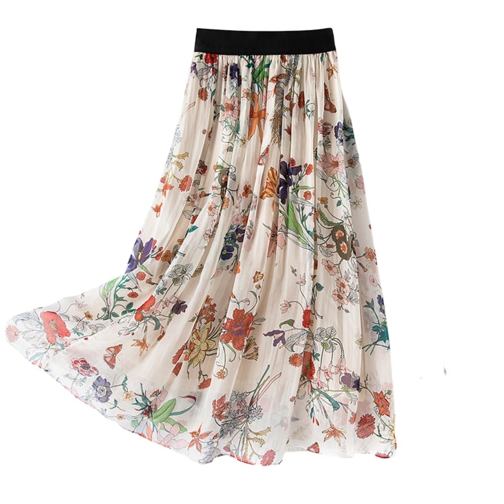 DISSA Jupe midi Soie Femme Taille élastique Fleurie,S2010-1