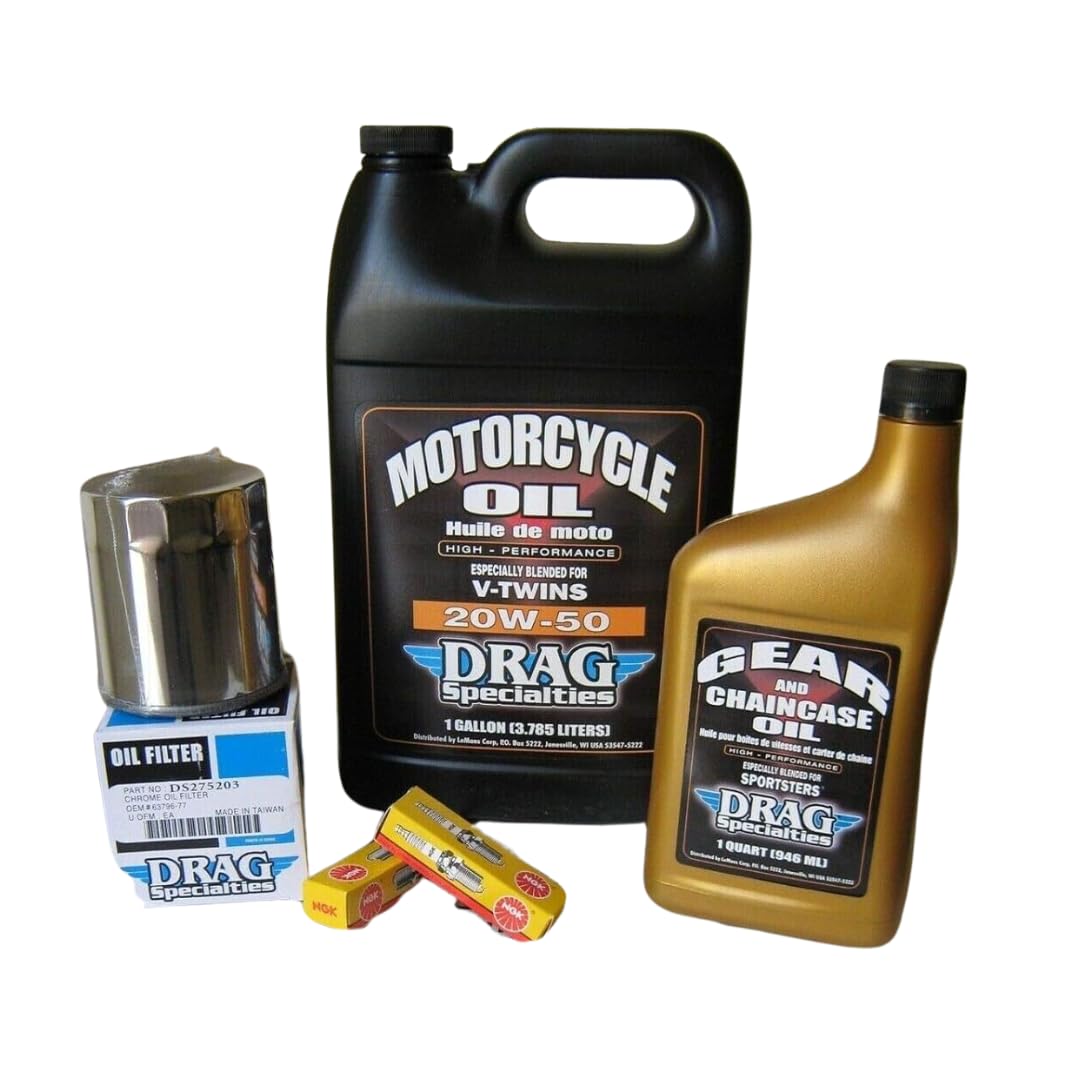 KIT TAGLIANDO HARLEY DAVIDSON SPORTSTER XL 883 1200 CANDELE CHAMPION CAMBIO OLIO MOTORE TRASMISSIONE 20w50 minerale DRAG FILTRO CROMATO