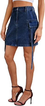 Atditama Womens Denim Short Skirt High Waisted Jean Mini Skirt Casual Elastic Waist Cargo Weekend Skirts