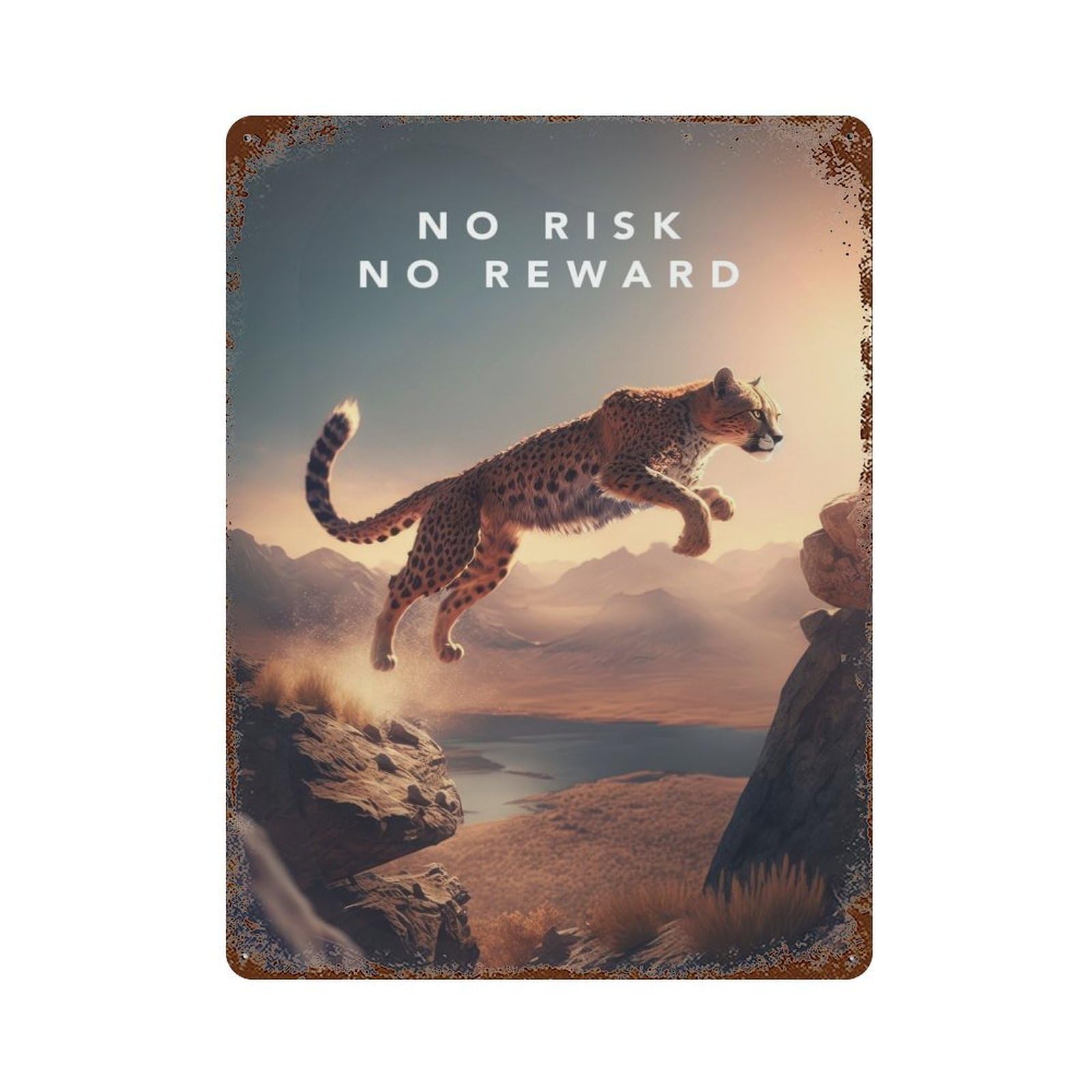 Rust Effect No Risk No Reward Cheetah Distressed Metal Wall Sign 15.7"x11.8", Decorative Metal Wall Art for Living Room, Hallway And Home Decor