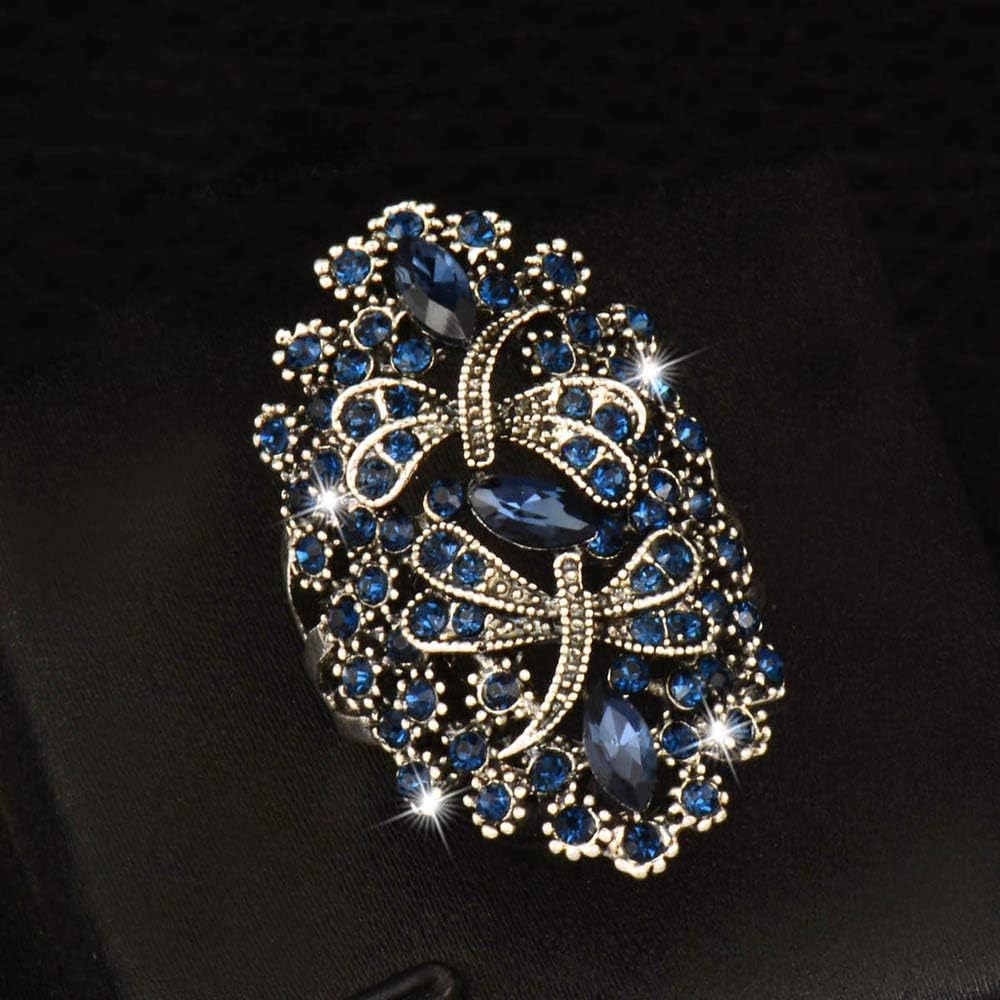 Ploymanee Jewelry Vintage Big Hollow Blue Rhinestone Dragonfly Rings Women Antique Silver Plated (8)