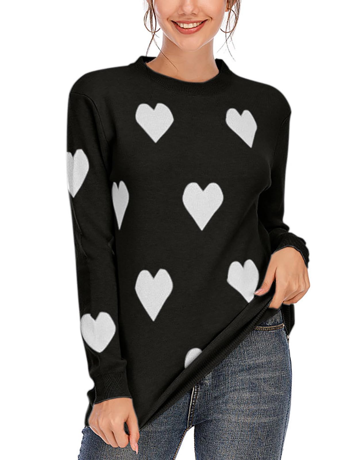 shermie Womens Heart Sweaters Long Sleeve Crew Neck Loose Valentine Sweater | Fall Winter,Skin-friendly,Soft Warm fabric,Ribbed hem,Cozy pullover knit cute heart valentines day sweaters for women casual