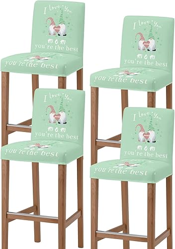 TweetyBed Bar Stool Covers I Love You Mom Stretch Removable Bar Chair Cover Gnome Green Backdrop Counter Slipcovers for Kitchen Pub Dining Room Cafe