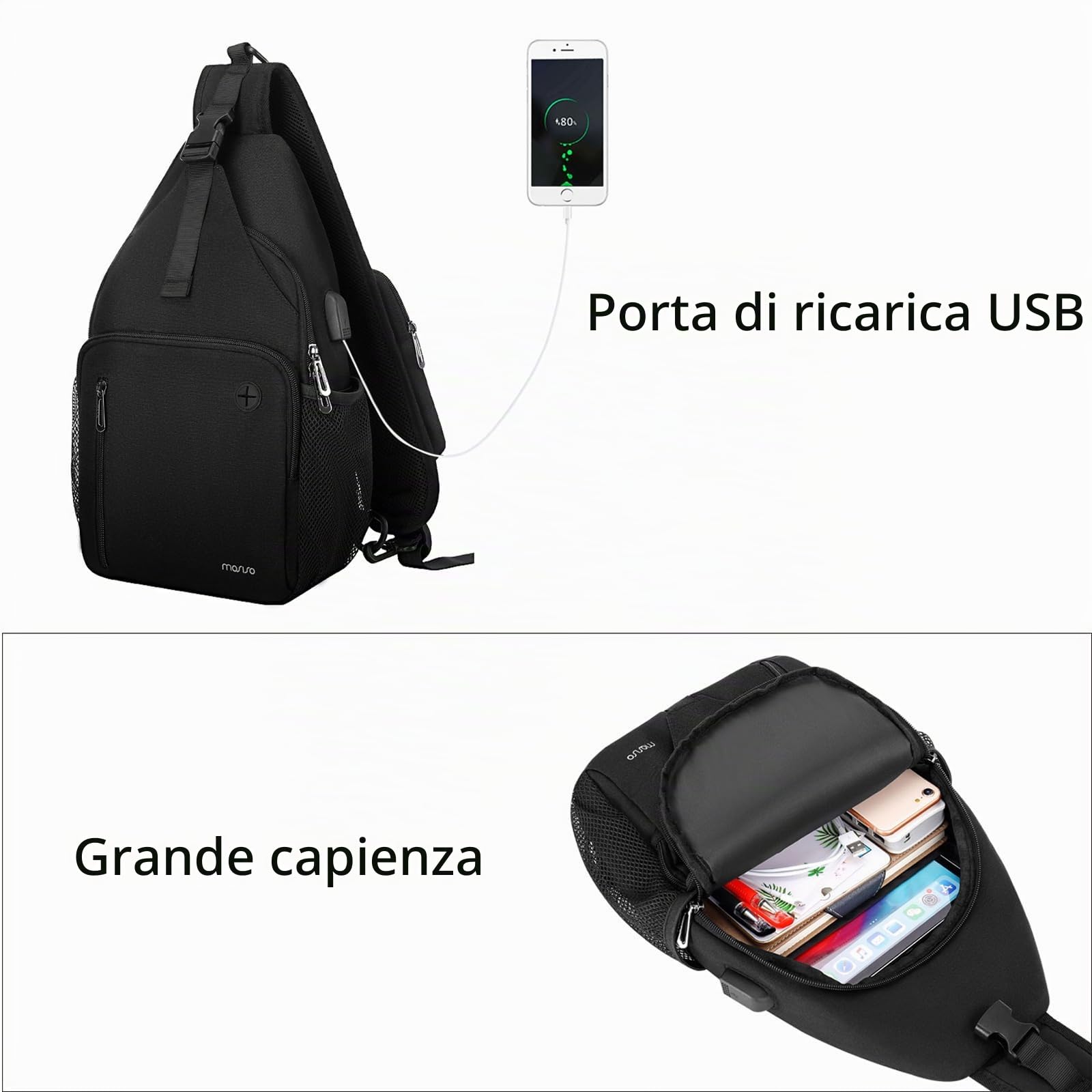 MOSISO Zaino Monospalla a Tracolla per Uomo Donna, Zaino Viaggio e Escursionismo, Borsa Petto con Tasca Quadrata Anteriore e Porta Ricarica USB
