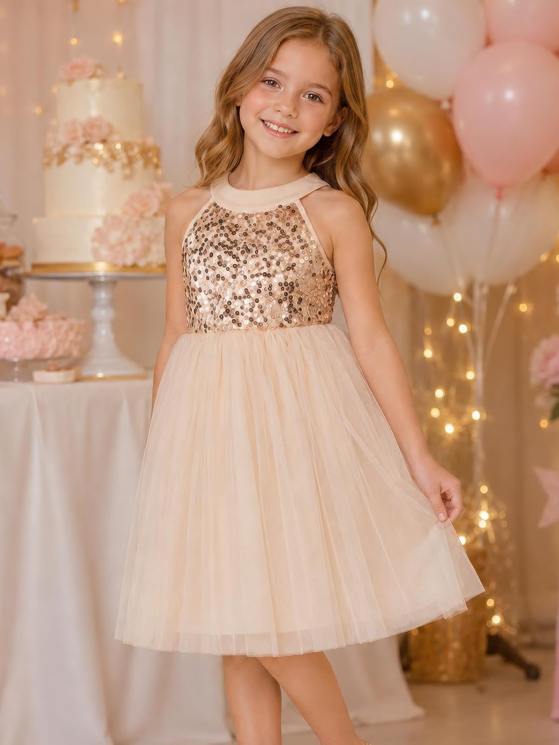 Tutu.kk Girls Sequin Tutu Dress Halter Neck Sleeveless A-Line Tulle Dresses for Birthday Party,Wedding