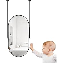 Hanging Wall Mirror - Floating Bathroom Mirror with Ceiling Mounted Boom Decorative Suspended Mirror - Oval Metal Frame Vanity Makeup Mirror for Bedrooms Dressers, Black Size 50cmx70cm