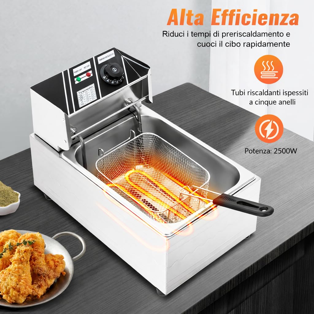 Friggitrice elettrica 2500 W commerciale in acciaio inox 6L con scolapiatti e coperchio, controllo della temperatura in acciaio inox, friggitrice rettangolare grande dispositivo per gastronomia, uso