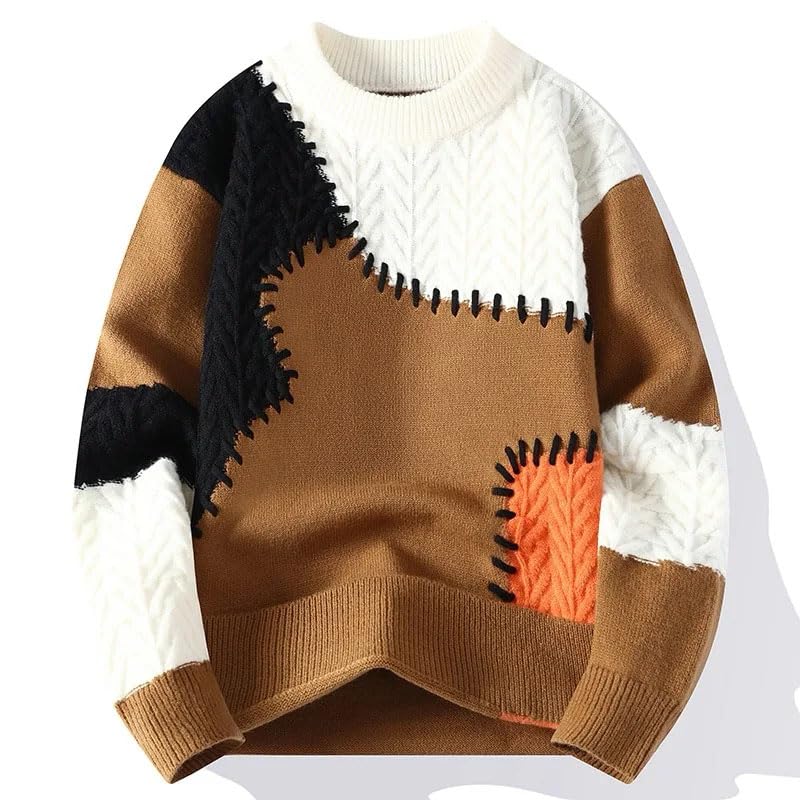 Men's Winter Patchwork Sweater - Thick Warm Knit Pullover Streetwear Loose Crew Neck Casual Top4