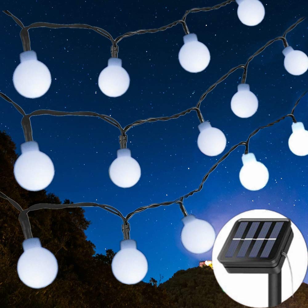 Solarny łańcuch świetlny, 30 diod LED, 6,5 m, łańcuch świetlny solarny, mini kulka, dekoracyjne światła, 8 trybów, wodoodporne, z pilotem zdalnego sterowania, świąteczne lampki USB, do wewnątrz, na zewnątrz, do ogrodu (60 LED 11 m, białe)