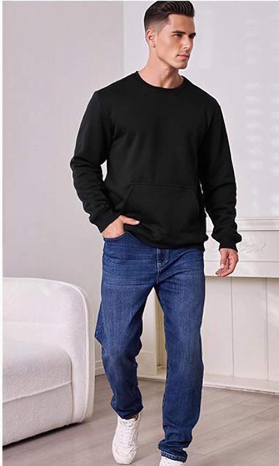 STICKON Mens Warm Sherpa Lined Sweatshirts Fleece Crewneck Sweater Winter Thermal Pullover with Kangaroo Pocket - Image 3