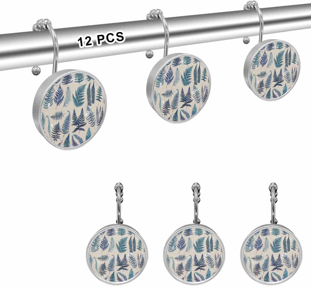 Shower Curtain Hooks 12 Pcs, Summer Tropical Blue Leaves Beige Texture Stainless Steel Rust Proof Rolling Shower Curtain Rings, Decorative Shower Curtain Hooks Hangers for Bathroom