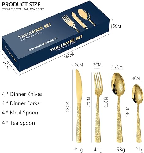 Miniatura 4 de XIAOYU Juego de cubiertos de acero inoxidable retro de 16 piezas, juego de cubiertos vintage, incluye cuchillos, tenedores, cucharas, servicio para