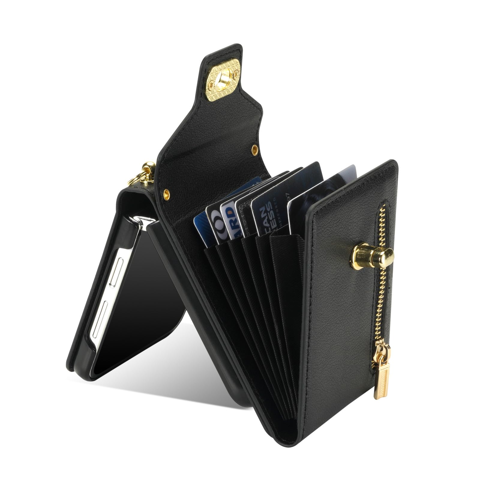 Etui na karty do Samsunga Galaxy Z Flip 5, etui z zamkiem błyskawicznym na ramię, skórzane etui z regulowanym paskiem na ramię, czarne