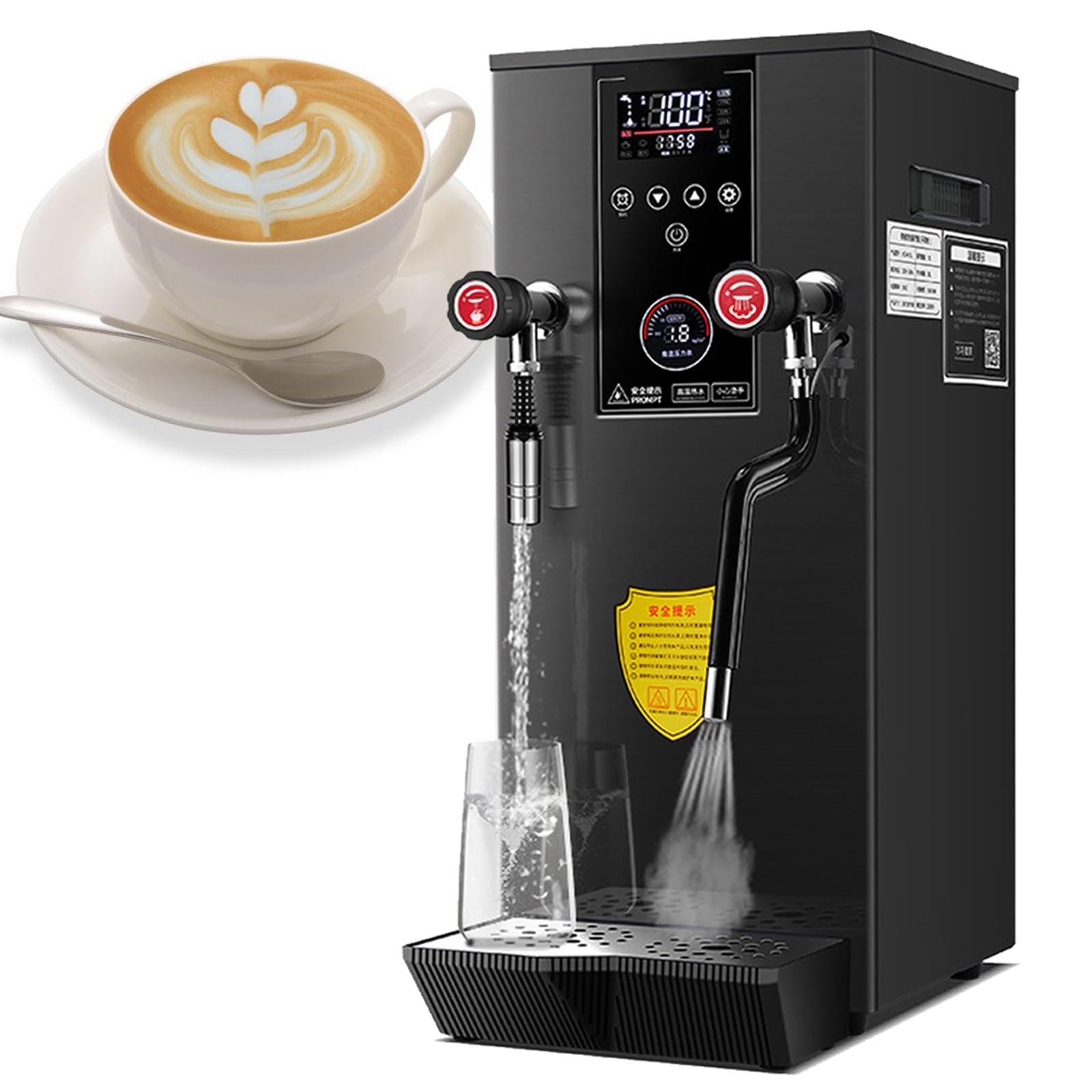 Espumador de leche, 2500 W, comercial, multiusos, 220 V, 12 L, totalmente automático, con vaporizador de agua hirviendo y 2 pantallas LCD de temperatura (negro)