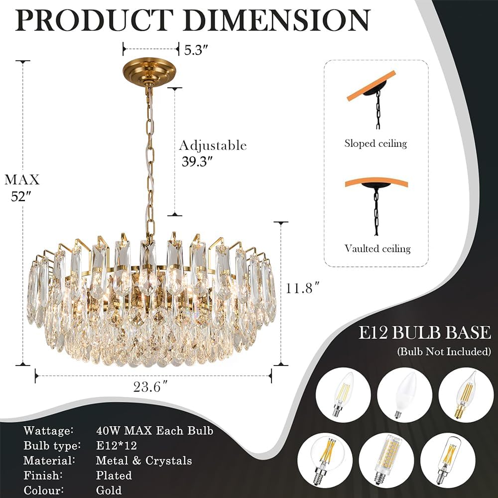 23.6" Modern Crystal Chandelier Gold 3-Tier Luxury Pendant Light Gold Plated Ceiling Pendant Lighting for Dinning Room Living Room Foyer
