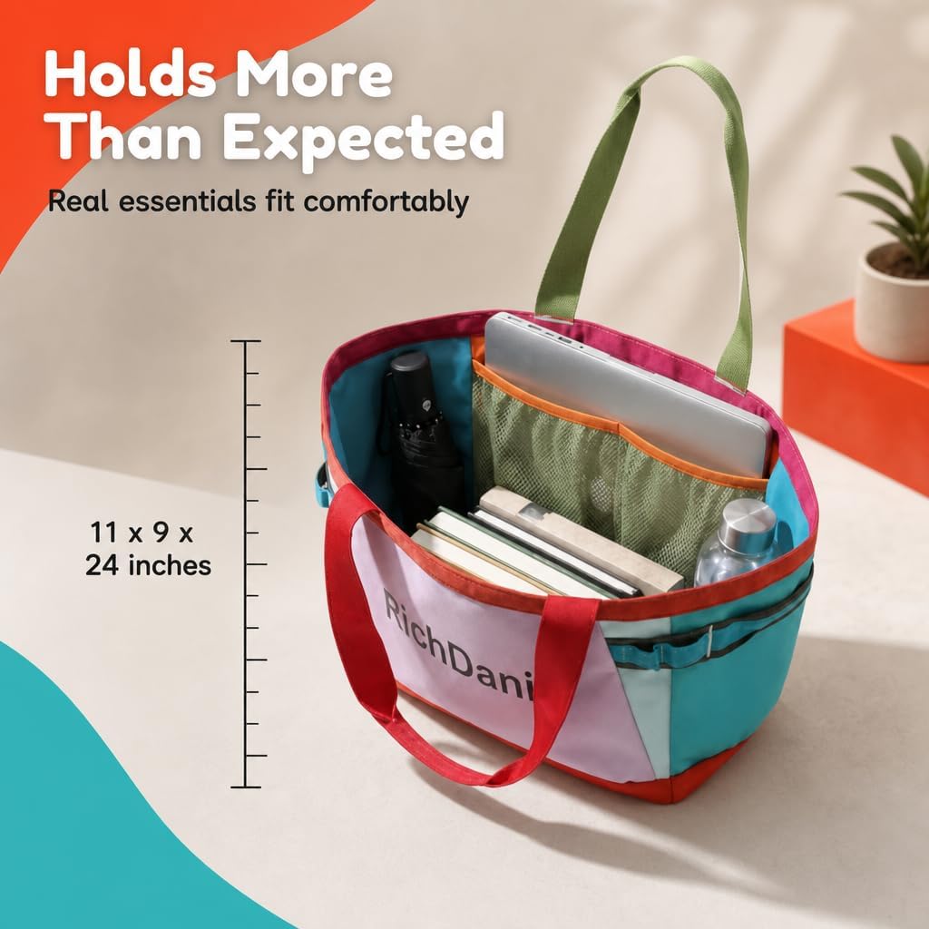 RichDanic Colorful Multi-Pocket Tote Bag, Orange Turquoise Purple Travel Beach Bag with Mesh Compartments image 5