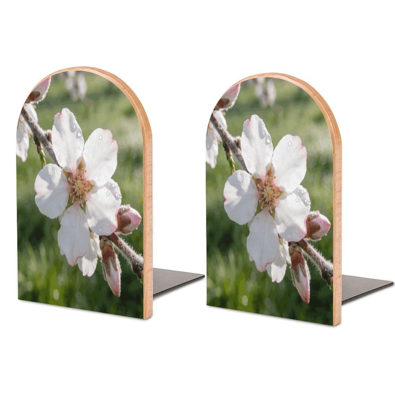 Sujetalibros de madera decorativos con grabado detallado de flores de almendro estilo moderno