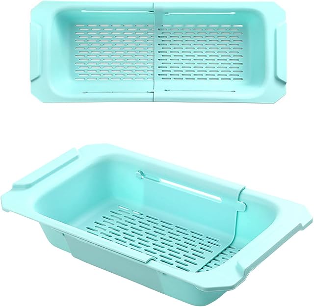 Over The Sink Extendable Colander Strainer Basket with Handles from 14.2" to 19.4", Sink Colander Strainer for Wash Vegetables and Fruits Drain Cooked Pasta and Dry Dishes