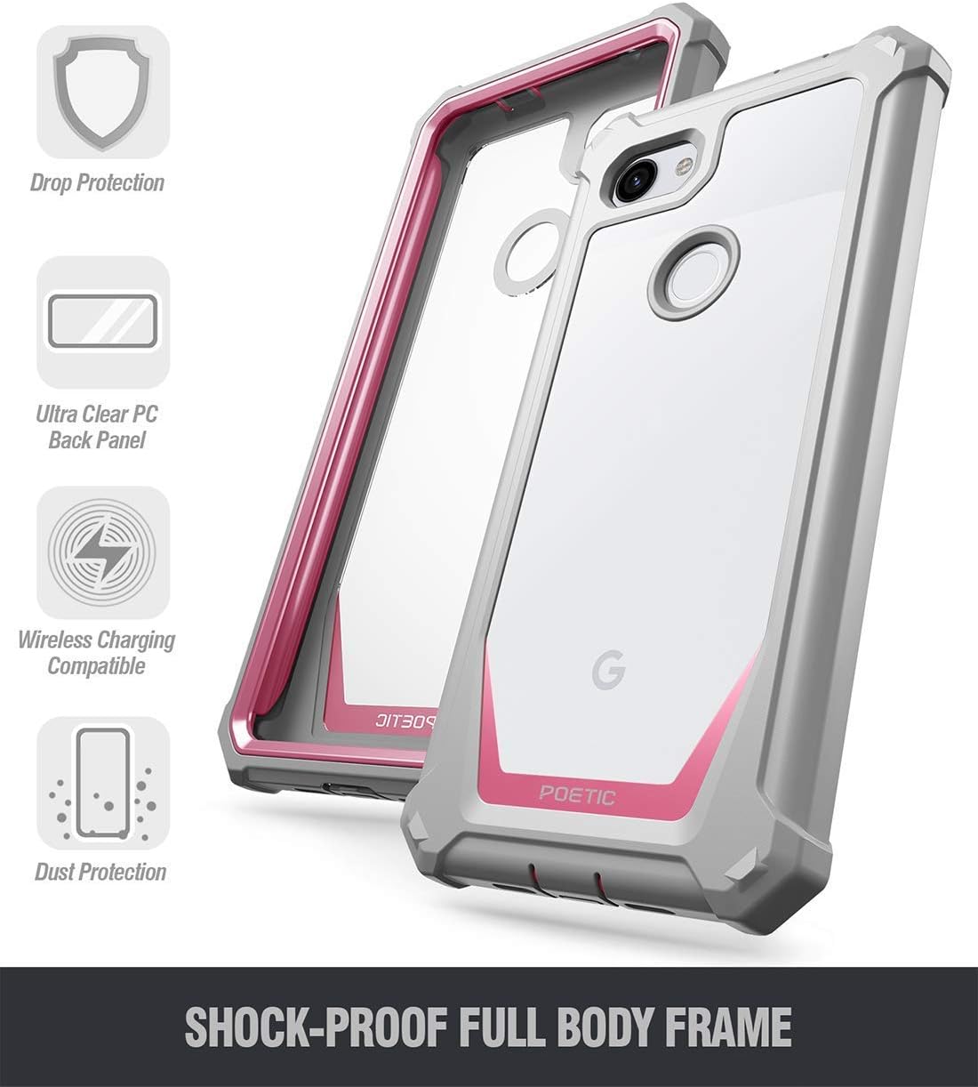 Google Pixel 3a XL Rugged Clear Case, Poetic Full-Body Hybrid Shockproof Bumper Cover, Built-in-Screen Protector, Guardian Series, Case for Google Pixel 3a XL (2019 Release), Pink/Clear