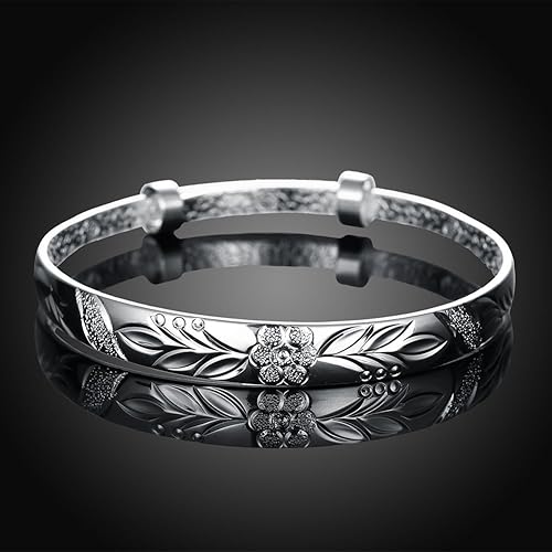 Miniatura 4 de Yuren Pulsera de plata de ley 925 tallada con flor de fu, 0.62 oz, peso 2.6 in, para regalo de boda