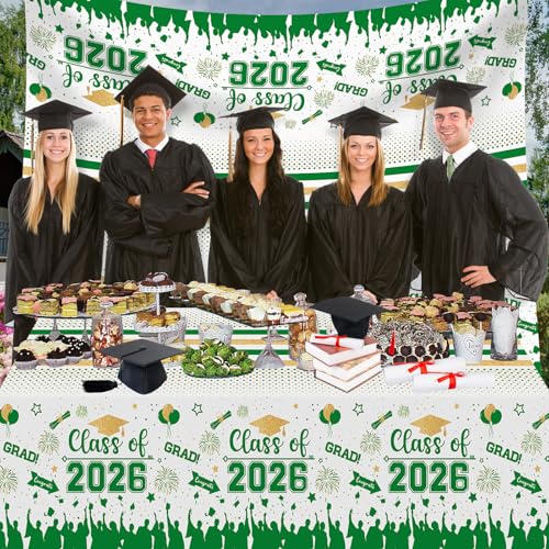 Image of Graduation Decorations Class of 2026 Tablecloth - 3 Pcs Plastic Congrats Grad Table Cloth, Graduation Table Cover for Graduations Party Decorations 2026 and Party Supplies, 54 inchx108 inch (Green and Gold)