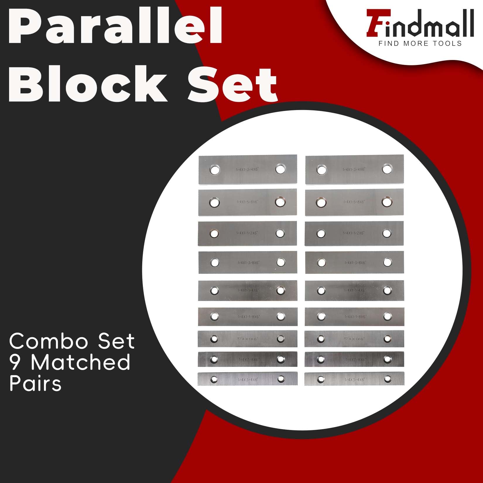 findmall Juego de 9 pares de herramientas de calibre endurecido 1/4 x 6 de precisión paralelo 0002